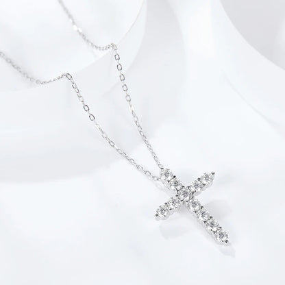 Moissanit Kreuz Anhänger Halskette – 925 Sterling Silber, 18K Weißgold plattiert | Unisex