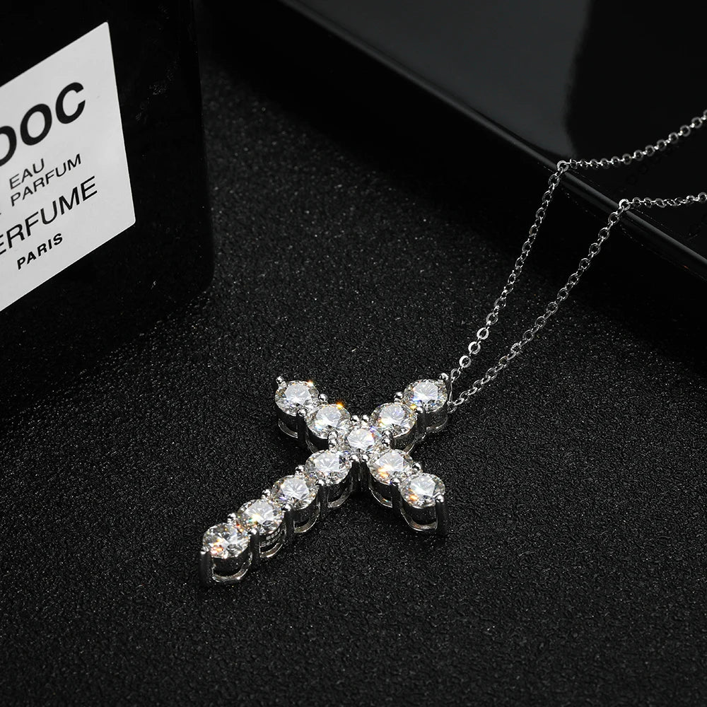 Moissanit Kreuz Anhänger Halskette – 925 Sterling Silber, 18K Weißgold plattiert | Unisex