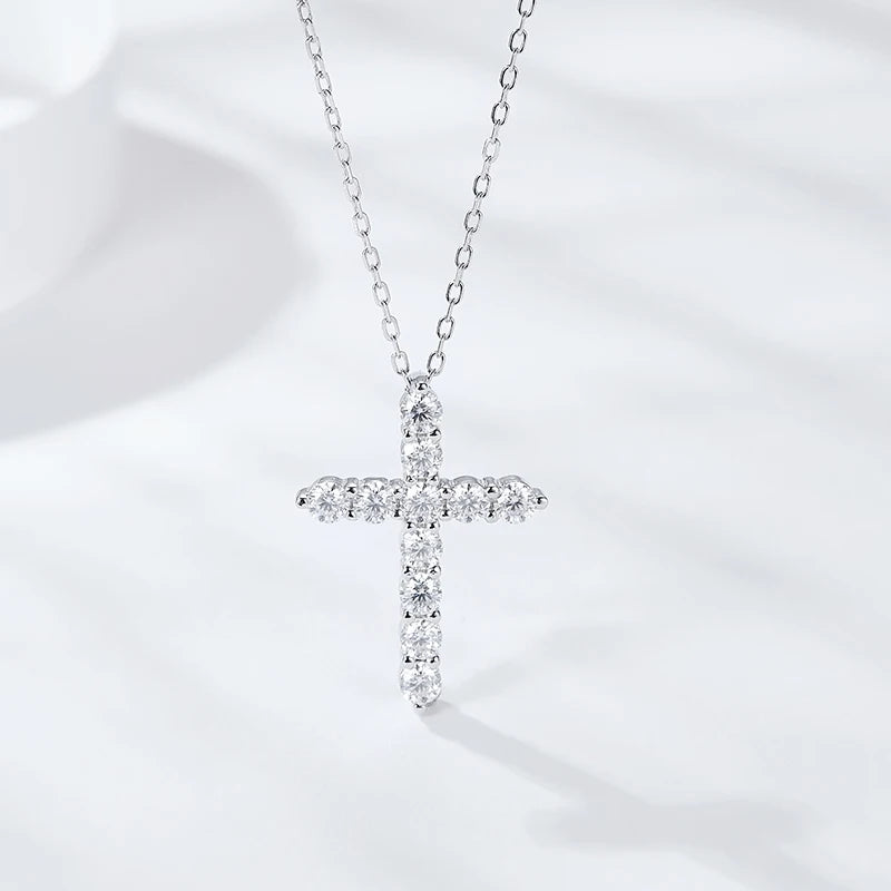 Moissanit Kreuz Anhänger Halskette – 925 Sterling Silber, 18K Weißgold plattiert | Unisex
