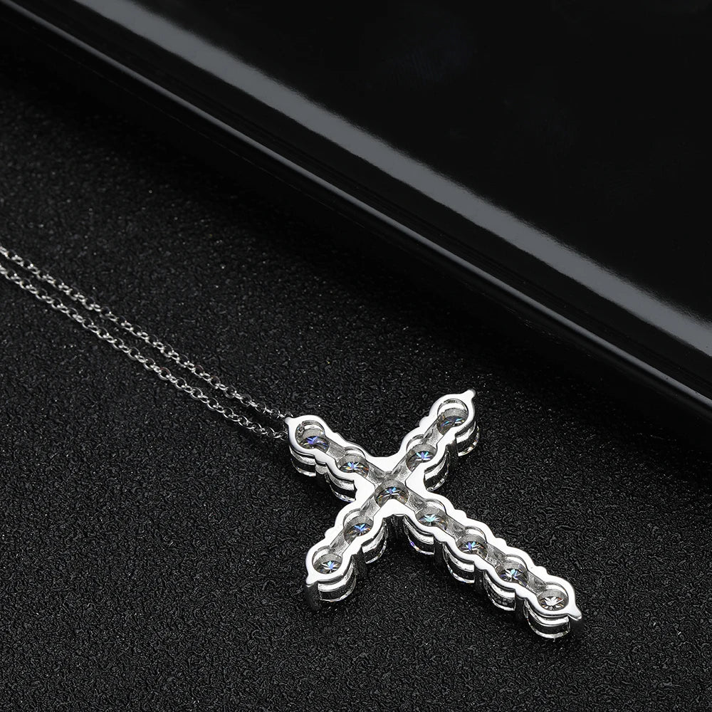 Moissanit Kreuz Anhänger Halskette – 925 Sterling Silber, 18K Weißgold plattiert | Unisex